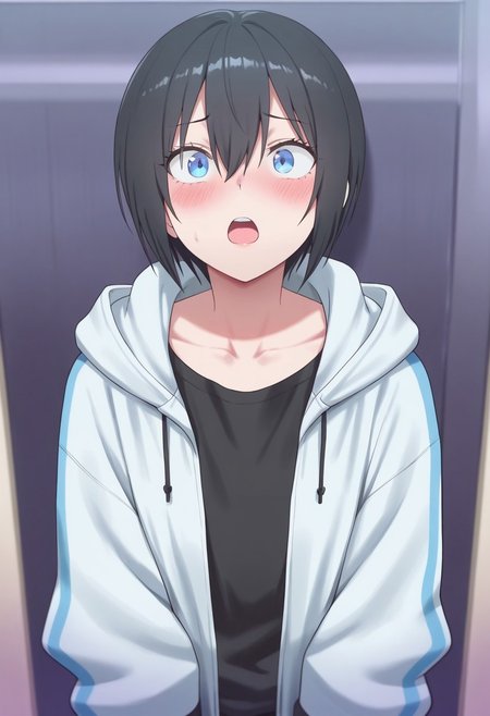masterpiece,best quality,amazing quality, nonoa, black hair, blue eyes, short hair, solo, 1girl, hair between eyes, collarbone, hood, jacket, black shirt, blush, shirt, open mouth, hood down, hooded jacket, hoodie