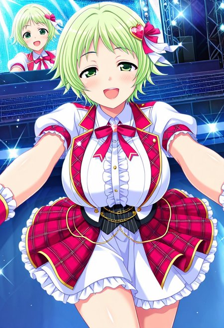 general,highres, ultra-detailed,very aesthetic,best quality ,best hands,best eyes,easynegative,
dynamic anglre, dutch angle, anime cloring,anime screencap,
1girl solo,looking at viewer,on stage,concert hall,open mouth,smile,dancing,
Yukari Matsuda,light green hair,short hair,hair ornament,green eyes,huge breasts,idol costume,