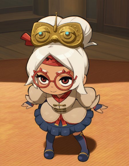 zPDXL, score_9, score_8_up, score_7_up, source_anime, 1girl, solo,
 <lora:LilPurah_v1.2:0.8> purah, sheikah, white hair, dark-skinned female, child, thick eyebrows, red eyes, red-framed eyewear, hair bun, goggles on head, beige jacket, blue skirt, frilled skirt, blue socks, kneehighs, blue footwear, mary janes, red headband, fingerless gloves, blue gloves, petticoat, light smile, <lora:ScottP-v2-3:0.8> scttp