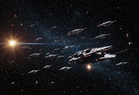 Masterpiece. High quality. Perfect quality. Full body picture  of:
Human space fleet traveling through deep space to the sun. Civilian and military ships.
Nebulas and stars behind. 
Battlestar galactica style.
realisticvision-negative-embedding, Movie Still, Film Still, Cinematic, Cinematic Shot, Cinematic Lighting, JuggernautNegative, detailxl.