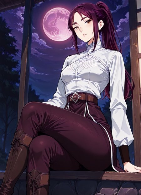 <lora:Vanesy_Glory__The_Beginning_After_the_End__Illustrious:1>
1 girl, solo, brown eyes, purple hair, long hair, ponytail, sidelocks, thick eyebrows, 
uniform, white shirt, long sleeves, belt, boots, <lora:iLLMythG0thicL1nes:1>
(Anime_source),Masterpiece,(perfect female body:1.2), small waist,(incredibly detailed:1.4), slim, parted lips, looking at viewer, sitting, crossed legs, night, purple moon