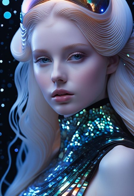 full body long shot, highest esthetic score, photo of a exquisitely beautiful pale skin  european 1girl, 20yo, modern implementation of sci-fi  "botichhelli The Birth of Venus" fantastic epic masterpiece, starlight falls on beautiful young face. Depth of field, insane details:1.4,  ultra detailed, absurdres, 1:280f Zeiss lens, long aperture, abalone shell, fiery opal, platinum, obsidian