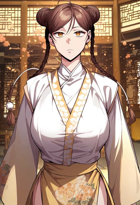 score_9, score_8_up, score_7_up, score_6_up, source_anime, rating_explicit, 1girl, (solo:1.1), huge breasts, <lora:Peng Mu-ah prefectPonyxl:1> brown hair, double bun, twin braids, brown eyes, long hair, ahoge, yellow eyes, chinese clothes, floral print, white shirt, wide sleeves, long sleeves, yellow skirt, expressionless, east asian architecture, outndoors, looking at viewer, standing, close-up
