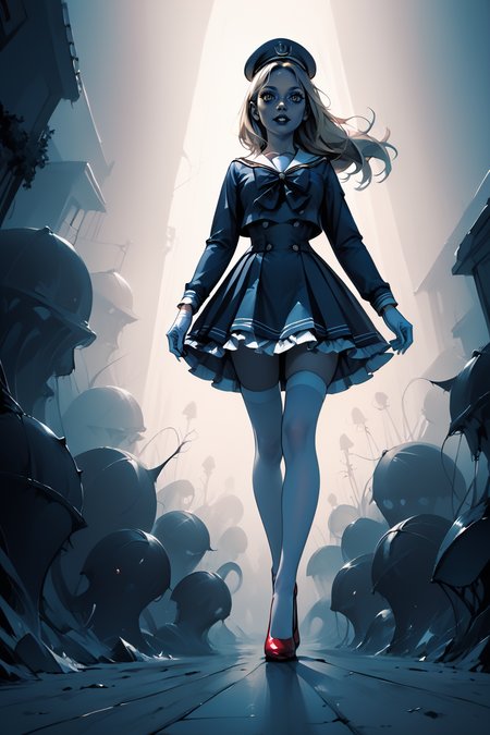 1woman, sexy, petite, skinny legs, long hair, blonde hair, <lora:Sailor:1> Jed-Salr, Navy Blue Mini Dress, White Trim,  White Sailor Collar,  Nautical Stripes,  White Thigh-High Stockings, Red Heels, Sailor Hat,  White Gloves, Sailor Cuffs, White Petticoat, walking on a coastline, viewer looking from below, upskirt,, score_9, score_8_up, score_7_up, score_6_up, score_5_up, score_4_up, <lora:K040790P:0.4> 040790P, woman, 24 years old, <lora:Breast Slider - Pony_alpha1.0_rank4_noxattn_last:1>, (tiny waist, flat stomach, narrow hips), <lora:Aesthetics_Enhancer_pony:0.8> EnhanceImage, <lora:GRIM_v1:1>  greyscale, monochrome, limited palette, horror (theme), eldritch abomination, chaotic, silhouette,