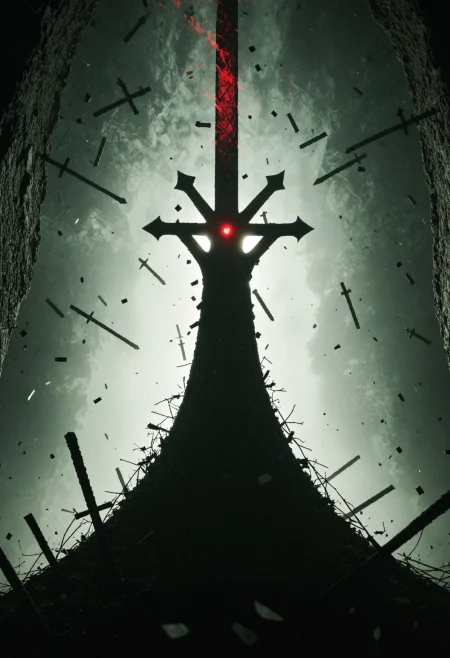 illustration depicting 1girl mcgee's alice madness returns in a surreal environment with gothic cathedral ruins and shards of stained glass made of lines floating through the air. She is wielding a glowing greatsword, swinging it at hordes of creatures crawling in the dark. Dark environment teeming with monsters, creatures and demonic beings. The blade's glow is the main light source. The grimdark scenery is accentuated by an eerie red-pink light shining from above contrasting against the teal-cyan from below forming a gradient. Chequered textures and geometric patterns are intertwined with the biomorphic and organic surfaces.
