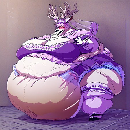 bbvicamelia, antlers, big antlers, veil, frilly veil, immobile, fat, chubby, plump, obese, large breasts, big butt, fat cheeks, wearing dr3ss, satin maid outfit, short poofy voluminous skirt, frills, apron, thighhighs, takeda hiromitsu style, diaper, big diaper, purple diaper, huge diaper, massive diaper, blue diaper, pink diaper, blush, waddle