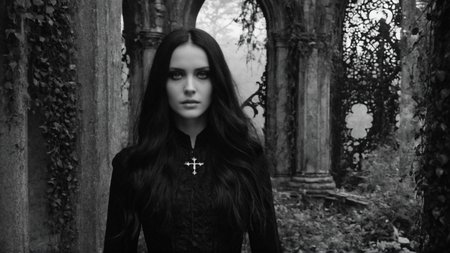 <lora:BWGH625600:1.1> (cinematic black and white:1.1), (long hair, standing woman in an overgrown outdoor gothic ruin:1.3), the face of Melinda 'neath blackened hair, atmospheric fog, haunting, dramatic, ornate, detailed, (sharp focus:1.2), film grain, [by Gustave Doré : by Johanna Helena Herolt : by Émile Gallé:0.33]