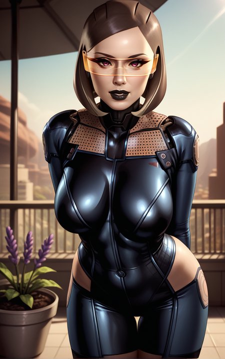 score_9, score_8_up, score_7_up, looking at viewer,  BREAK
BlackBodySuit_Edi_ownwaifu, 
1girl, brown eyes, glasses, tinted eyewear, black lips, lipstick, makeup, short hair, colored skin, large breasts,
black bodysuit, humanoid robot, science fiction, helmet, bodysuit, cyborg, leather, cyberpunk, mecha, android,  spacesuit,
(leaning forward, arms behind back), cowboy shot, garden, wisteria, outdoors, <lora:PONYXL_MassEffect_EDI_ownwaifu:0.85> , depth of field, solo,