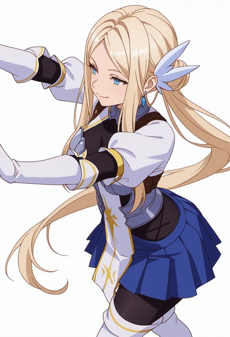 Smooth Quality,masterpiece,very intricate, high quality details, ultra realistic, high detailed skin,detailed enviorement,absurdres,
simple background, white background, dancing, solo,from above,
 <lora:Krishna_CNR:0.8> krishna_cnr, 1girl,blonde hair,very long hair,single hair bun, sidelocks, parted bangs, blue eyes, breasts,white hair ornament, earrings,armor, breastplate, armored dress, blue skirt, pleated skirt,white gloves, black pantyhose,white thigh boots,, naughty face,, o o,