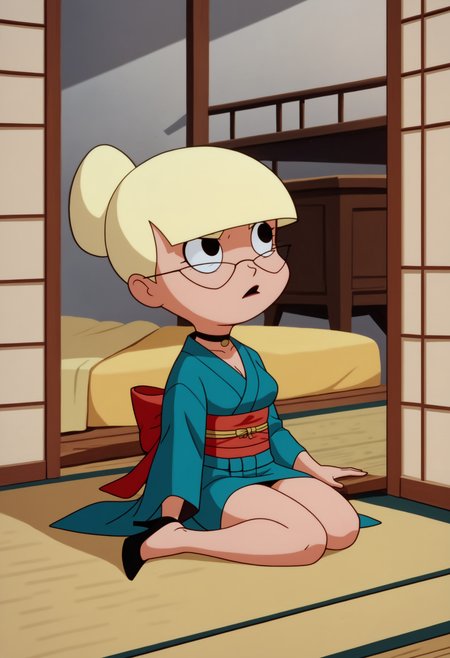 score_9, score_8_up, score_7_up, score_6_up, score_5_up,  1girl, solo, full body,
<lora:Mary Dahl Mature - Baby Doll (Batman the Animated Series - BTAS):1>
Mary_Dahl_Mature, (chibi:0.5), (very short, short), looking up, glasses, blonde hair, (hair bun, single hair bun), blunt bangs,
kimono, (medium breasts), choker, high heels, annoyed, slim, small legs, small ears,
high heels,
detailed background, indoors, bedroom,
<lora:add-detail-xl:0.9>
<lora:light:1> neolight