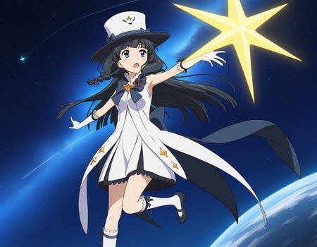 general,highres, ultra-detailed,very aesthetic,best quality ,best hands,  BREAK <lora:Itsuki_Houkago_no_Pleiades_IS:1> BREAK,
Itsuki(Pleiades), 1girl,solo, black hair, long hair, blue eyes, red hairband, twin braids, blunt bangs,breasts, anime coloring, BREAK,
hat, top hat, solo, gloves, dress, star (symbol), star (sky), open mouth, ribbon, space, magical girl, kneehighs, elbow gloves, sky, socks, hair ribbon,
blue sky,