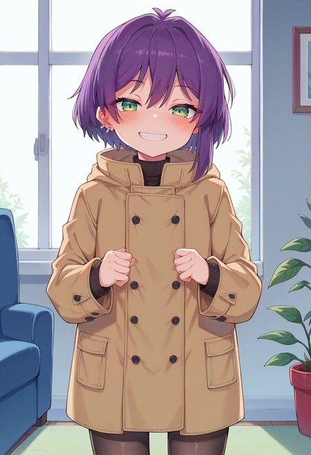 score_9, score_8_up, score_7_up, source_anime, masterpiece, <lora:Warui_Hito:1>, 1girl, solo, child, female child, purple hair, green eyes, ahoge, one earring, colored,  beautiful colors,
long brown coat, black pantyhose, 
standing, looking at viewer, blush, sensual, seductive, suggestive, mischievous grin,
indoors, living room, <lora:Warui_Hito:1>