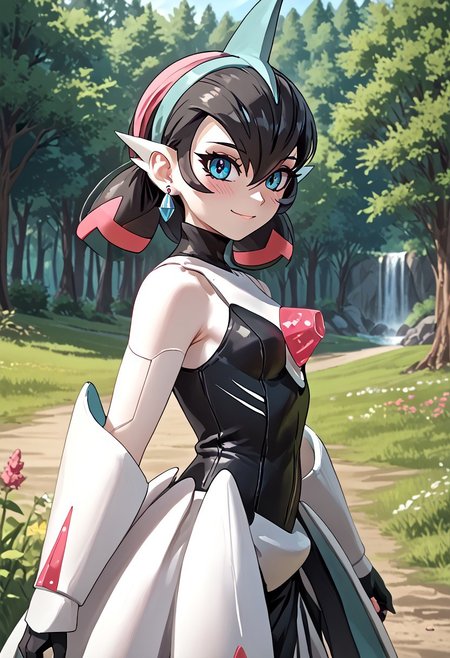 score_4,score_5,score_6,score_7_up,score_8_up,score_9 ((masterpiece,best quality,ultra detailed,highres,HD,4k:1.2)), 
1 girl,solo,face focus,
((ironvaliantsv,pokemon (creature), solo,colored skin, white skin:1.2)),
short hair,black hair,multicolored hair,Inner color pink hair,blue eyes,tattoo,black head gear,earrings,small breast,
outdoors,in the forest,day,
standing,
smile,.blush,light smile,