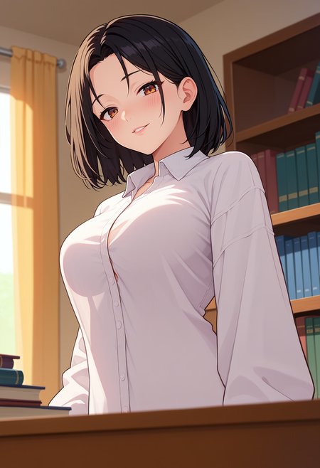 score_9, score_8_up, score_7_up, anime screencap, source_anime, 1girl, solo,
<lora:Mesu_Mama_Sanjuurou_V1:.85>, KJOmesumama, black hair, brown eyes, medium hair,
bedroom, bookshelf, wardrobe, desk, seductive smile, blush, parted lips,
white oversized shirt, dress shirt, sleeves past wrists, black pantyhose, no pants, from below,  looking at viewer,
(Beautiful, large Breasts:1.2),