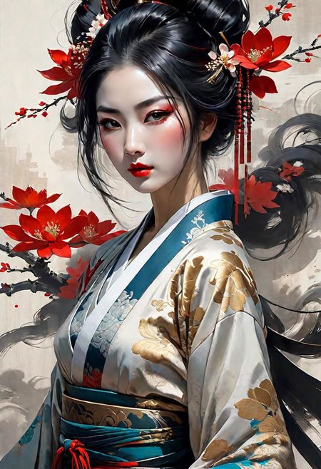 Kabuki, geisha, Bunraku girl in ornate and highly detailed images. style of Paul Kenton, Jim Mahfood, Henry Asencio,