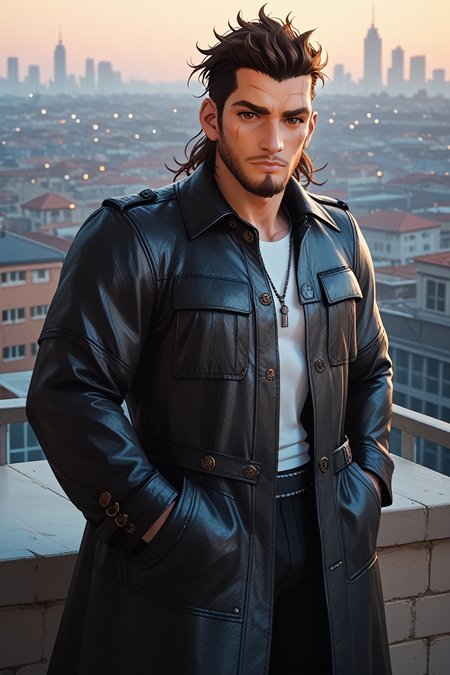 score_9, score_8_up, score_7_up,
<lora:FFGladiolus:0.8>
FFGladiolus, 1boy, brown hair, brown eyes, beard, scar, looking at viewer, On a high-rise rooftop, sharp black trench coat, city lights below, hands in pockets