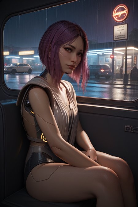 score_9, score_8_up, score_7_up, score_6_up
<lora:CyberSongbird:0.8>
CyberSongbird, 1girl, purple hair, brown eyes, cyberpunk, looking at viewer, bus stop, night, rain, sitting, leaning back, dynamic lighting, modern, vogue