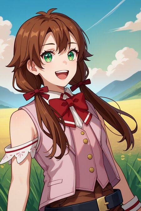 score_9, score_8_up, score_7_up, score_6_up, source_anime, 1girl, solo,  <lora:roroaamidonia-pdxl-nvwls-v1-000005:1> roroa, brown hair, long hair, low twintails, green eyes, hair ribbon, collared shirt, red bowtie, pink coat, sleeveless, black belt, brown shorts, wristband, upper body, happy, blue sky, field, looking at you