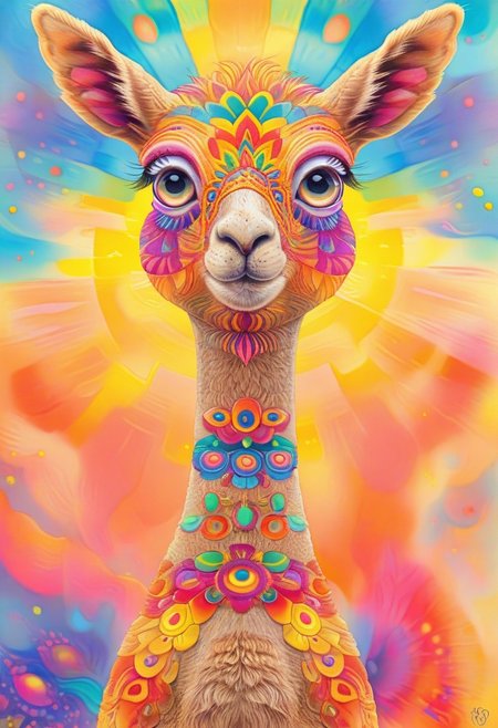 Radiant, big-eyed alpaca. at Sunset, abstract art by Anne Truitt, Synthetism, psychedelic colors, psychadelicchaos, psychadelic, sharp focus, highly intricate, full color, confident, intricate artistic color, handsome