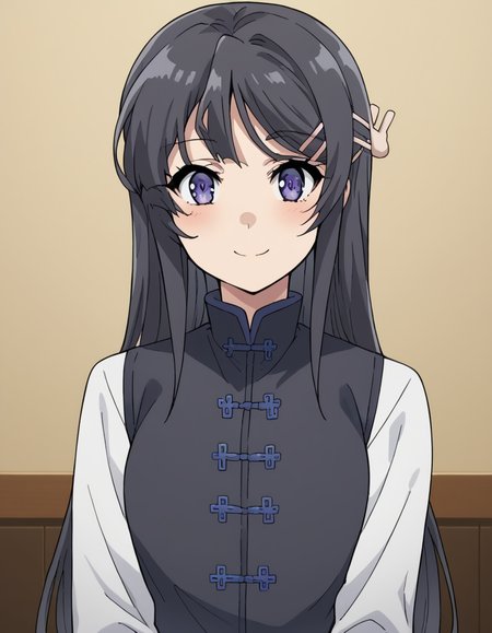 score_9, score_8_up, score_7_up, source_anime, maisakurajima, <lora:mai-sakurajima-s1-ponyxl-lora-nochekaiser:1> mai sakurajima, long hair, bangs, black hair, hair ornament, purple eyes, hairclip, rabbit hair ornament,, <lora:tangzhuang-ponyxl-lora-nochekaiser:1>, tangzhuang, chinese clothes,, indoors, smile, blush,, full body, dutch angle, looking at viewer,