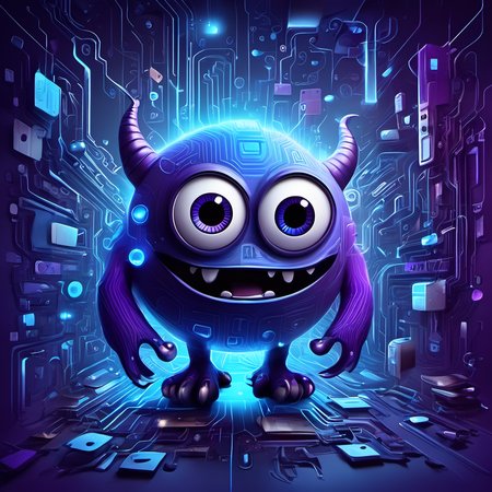 iccircuitart,blue and purple theme<lora:iccircuitart:1>, cartoon monster, cute, big eyes, big mouth, art by gediminas pranckevicius and Alexander Jansson, pixar, centered, dramatic lighting, glowing light, simple solid background, no background, detailed face, cinematic, illustration, no gradient, trending on a