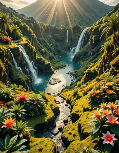A breathtaking view of an ancient, dormant volcano now transformed into a lush, vibrant natural sanctuary. The crater is filled with dense tropical forests, colorful exotic flowers, cascading waterfalls, and mist swirling gently in the morning light. Vines and moss cover the dark volcanic rocks, and small streams wind down the slopes. while rays of sunlight pierce through the dense canopy, creating sparkling reflections on the water. The atmosphere feels peaceful, enchanted, and untouched by humans. The scene is depicted in an ultra-detailed, hyper-realistic style, with warm, soft lighting and rich, saturated colors that enhance the magical and serene mood of the landscape.
<lora:SDXLFaeTastic2400:0.4> <lora:extremely_detailed:0.4> extremely detailed,dormant v0lc4n0, <lora:dormant_v0lc4n0-i:1>, Masterpiece,best quality,hi res,8k,hi res,8k,award winning,(sharp focus, intricate, highly detailed),