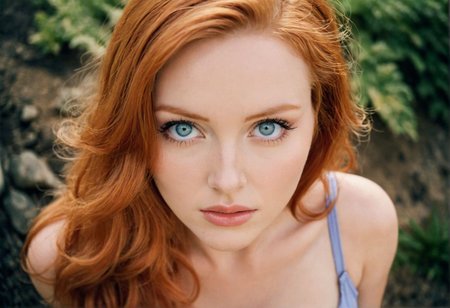 (((EuroBabe cleavage provocative expression))) ginger woman analog photo outdoors, blue eyes, tank top, ((soft focus, depth of field, film grain)) <lora:EuroBabe2-XL:0.6>