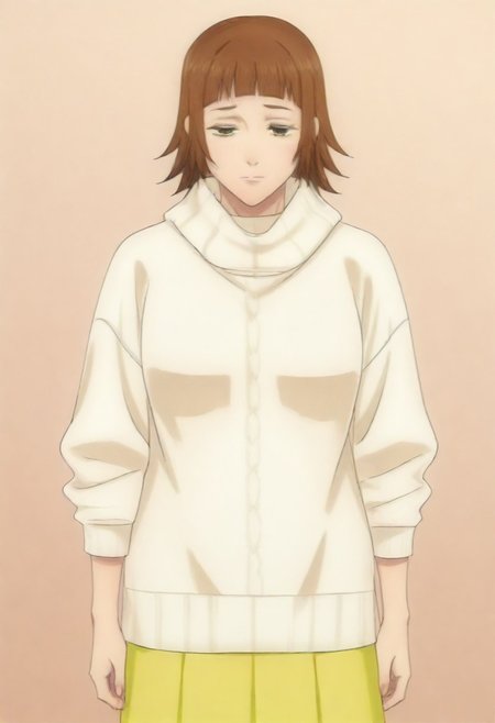 masterpiece, best quality, amazing quality,,, shiny skin,,,,,,,,yuozawa, brown_eyes, brown_hair, short_hair, blunt_bangs,, turtleneck, white_sweater, long_skirt, yellow_skirt,