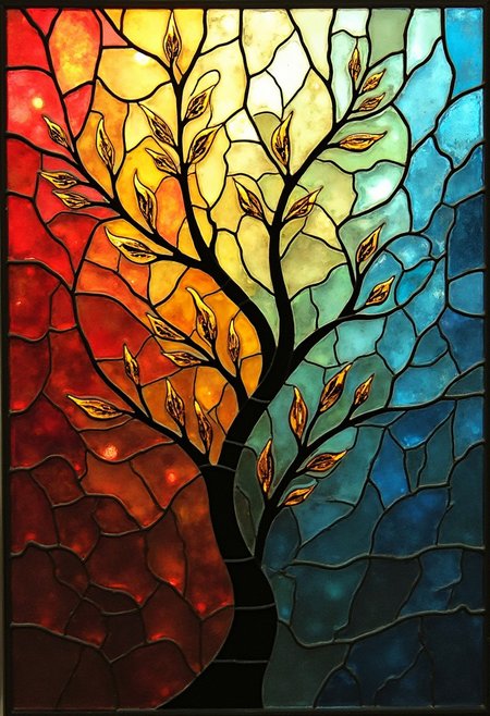 An abstract stained glass of two plants intertwined with each other at the base but splitting apart at the top in a prism of colors. The backdrop is composed of glass-like panels that transition from warm reds and yellows near the center to calming blues and greens toward the periphery. The shards are separated by metallic outlines, creating a glowing mosaic effect. The subject itself is a stark silhouette, contrasting beautifully against the vibrant, light-filled fragments surrounding it.