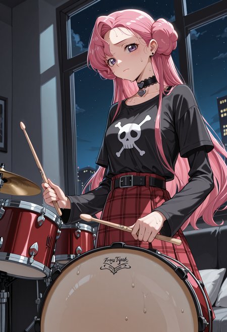 masterpiece, best quality, highres, absurdres, very awa, 1girl, solo, euphy, pink hair, double bun, doughnut hair bun, asymmetrical bangs, black belt, black choker, emo fashion, jewelry, lace-trimmed choker, lace trim, long sleeves, plaid clothes, plaid skirt, red skirt, black shirt, t-shirt, indoors, bedroom, drum, drum set, drumsticks, holding, holding drumsticks, playing drum, sweat, heavy sweating, dutch angle, purple eyes, heart choker, window, night sky, pillow, looking at viewer, closed mouth