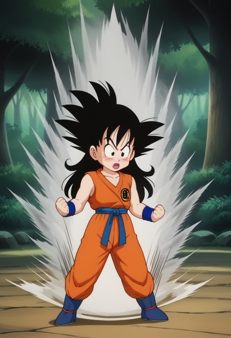 score_9, score_8_up, score_7_up , , source_anime, intricate details, masterpiece, high quality, prefect hands, best quality,, 1girl, solo , anime screencap,
,Martial Arts , forest,
, GGoku , black hair, black eyes, big eyeballs , spiked hair , long hair  ,  eyelash , lips  , cute , blush ,  small breast ,   chibi , <lora:GGoku-000003:0.7>,
orange dougi, blue sash, blue wristband, sleeveless , orange pants, orange topwear,   <lora:DBKiCharge_XLPD:1> , white aura, fighting stance, clenched hands, full body , open mouth