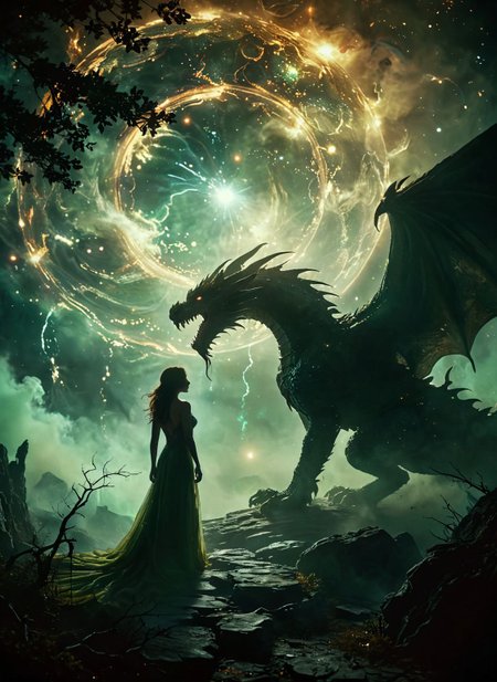 Bosstyle, Silhouette of a Woman fighting a colossal luminous dragon: This vintage photograph captures a moment of epic struggle. Dominating the scene is a translucent dark-green dragon adorned with luminescent scales, blending seamlessly with its surroundings. Its wings, composed of intricately woven energy threads, shimmer in a spectrum of colors. Amidst the night, its presence exudes a sense of mythical power. Behind it, the swirling hues of a distant galaxy provide a mesmerizing backdrop, weaving tales of cosmic battles and celestial legends. Atmospheric haze, Film grain, cinematic film still, shallow depth of field, highly detailed, high budget, cinemascope, moody, epic, OverallDetail, 2000s vintage RAW photo, photorealistic, candid camera, color graded cinematic, eye catchlights, atmospheric lighting, imperfections, natural, shallow dof 
<lora:ral-ertmsphr:0.45> ral-ertmsphr
 <lora:MJ52:0.4>
<lora:add-detail-xl:1>
<lora:CinematicStyle_v1:0.7>