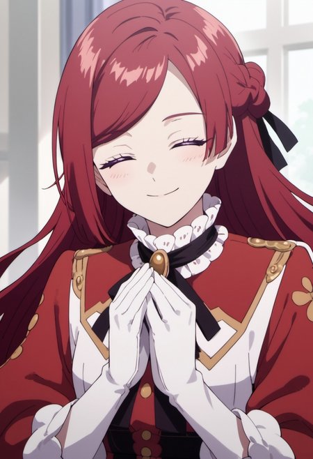 score_9, score_8_up, score_7_up, source_anime,pride royal ivy, red hair, long hair, purple eyes, 1girl, closed eyes, solo, smile, braid, gloves, anime coloring, white gloves, ribbon