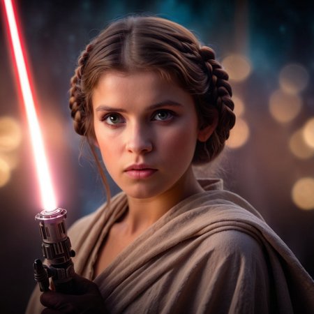 Star Wars prises Leia, (delicate face, beautiful eyes, natural, eye contact) ((with the young Anakin Skywalker holding his light sabre)), by her side, (Han Solo, holding his laser gun) on the planet andor, shallow depth of field, vignette, highly detailed, high budget Hollywood film, bokeh, cinemascope, moody, epic, gorgeous, film grain, Canon EOS R,Canon RF 85mm F1.2L USM, ISO 100