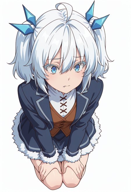 Smooth Quality,masterpiece,very intricate, high quality details, ultra realistic, high detailed skin,detailed enviorement,absurdres,
simple background, white background, 
from above,kneeling, hands on thighs, head slightly tilted, neutral expression, focused gaze,  ,scared,
waistcoat,  ,blazer, ,panel skirt,  ,
 <lora:Setsuna_cnn:0.8>setsunacnn,1girl, short hair, hair between eyes,blue eyes, white hair, ahoge, twintails, fang,fur trim,