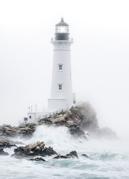 highkey, lighthouse, ocean, foggy, white background, outside, rocks, waves, storm
 <lora:Highkey-SDXL:1>