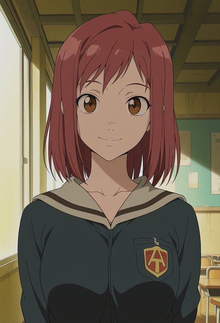 1girl,solo,mm,aged up,short hair,brown hair,red hair,brown eyes,anime coloring,
school uniform,serafuku,jacket,upper body, looking at viewer, smile,indoors
,masterpiece,best quality,amazing quality,<lora:Mamimi_Samejima-FLCL_IL:0.9>