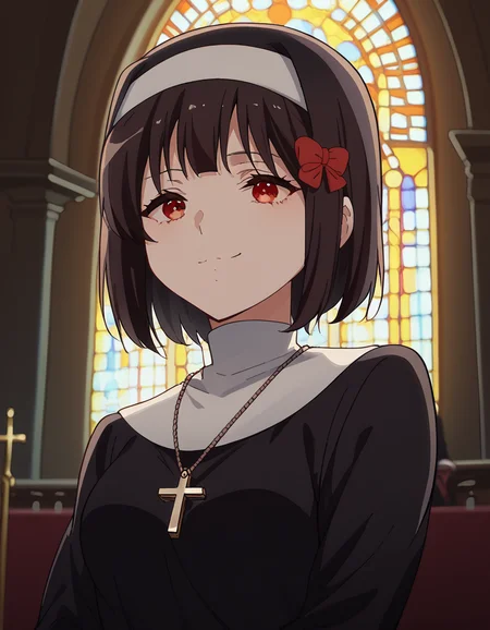 score_9, score_8_up, score_7_up, source_anime, <lora:kanade-hisaishi-movie-ponyxl-lora-nochekaiser:1>, kanade hisaishi, short hair, bangs, black hair, red eyes, bow, hair bow, red bow, medium breasts,, <lora:traditional-nun-ponyxl-lora-nochekaiser:1>, traditional nun, nun, habit, long sleeves, dress, black dress, jewelry, black veil, cross, cross necklace,, church, smug, praying,, , dutch angle, cowboy shot
