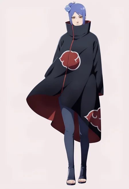 masterpiece, best quality, very aesthetic, absurdres,
1girl, konan, blue hair, single hair bun, orange eyes, hair flower, 
high collar, lip piercing, long sleeves,
cloak, toeless footwear,
standing, full body, looking at viewer, solo, (simple background, white background:1.3),   <lora:KonanNoobXL_byKonan:1>