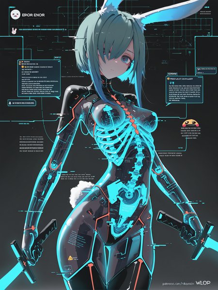 1girl, details, bold outlines, imazawa, extreme visuals, glitch, see-through body, infused circuitry, technology, emoji, digital blueprint background, error message, cyberpunk, neon trim, holding sword, wlop, rabbit ears, mikozin, ribs
,masterpiece,best quality,amazing quality,