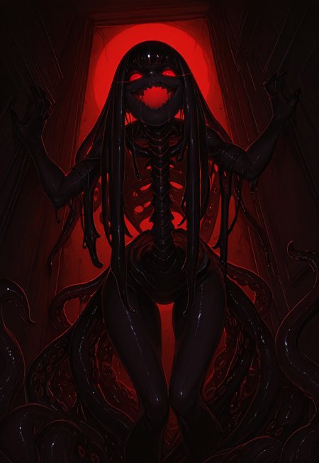 negativeXL_D, best quality, very aesthetic, absurdres, score_9, score_8_up, score_7_up, detailed background, dark shadows background, solo, 1 creature shadow figure, angular body, black shadows, room, (dark theme), (close up:1), very thin arms, spine ridges, heavy breathing, (many tentacles:1),  inside, peeking, at an angle, attacking, furniture, amongst furniture, standing upright, arms out, howling, long beaklike mouth, mass of tendrils, along walls, many creeping tendrils, long tentacle hair, ((from below)), pseudo hair, drooling black ooze, red back lighting, merging from darkness, wicked smile, , monstrous figure, (horror theme:1.15), semi-realistic, shadow creature, (very thin), monster claws, silhouette monster, (large glowing eyes), ember-like eyes, slick body, 