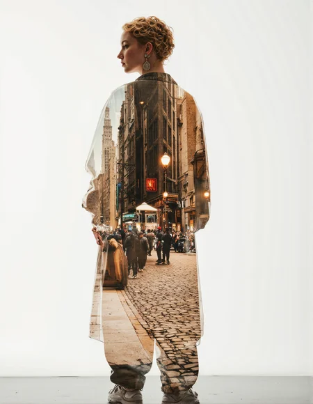A sharply dressed woman in modern streetwearâchunky sneakers, oversized jacket, bold earringsâstands confidently in profile against a clean, urban backdrop. Her silhouette contains a bustling 1920s city scene in vivid double exposure: cobblestone streets, antique cars, men in fedoras, women in flapper dresses, and vintage lampposts glowing warmly. The textures of old film grain blend into crisp, high-definition lighting. Neon reflections from her modern world ripple across sepia-toned bricks and jazz-era buildings, creating a surreal bridge where past and present coexist. A gramophone subtly fades into a modern Bluetooth speaker, symbolizing evolution through style, culture, and technology.
<lora:HiDreamStyle:1> aidmaHiDreamStyleâââ, (RGB_Color_32), (CSS Colors level 4), wide-gamut colors, UHD_32K, highlights and shadows of the "Glow" photo effect linear gradient from white to transparent, photo effect, HDR, Fujifilm XT3, RAW Surprise, 16mm, Portra 400 Color Film, IMG_1018.CR2,  (((Hue-Red Primary:1.0, Blue Primary:-1.0, Saturation:1.1, vibrance:1.7))), adobe lightroom, photolab, (dots:600_dpi). (real_live_person:2.0),  (image gloss effect:3.0), (cinematic:2.0), (digital), DSLR camera, (The picture was taken with a Canon EOS R5 with a 50mm f/1.2 lens, camera in bright light).
<lora:aidmaFLuxPro1.1_v0.3:0.5> aidmafluxpro1.1 <lora:aidmaImageUpraderv0.3:0.4> aidmaimageupgrader  <lora:aidmaHyperrealismv0.3:0.4> aidmahyperrealism    <lora:aidmaMJv7:0.5> aidmamjv7, detailed