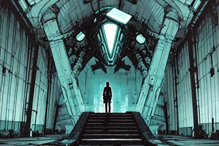 highly insanely detailed, masterpiece, top quality, best quality, highres, 4k, 8k, RAW photo, (very aesthetic, beautiful and aesthetic),  
tsutomu nihei,nihei_tsutomu,blame!,blame gakuen!,abara,TNstyle,sidonia_no_kishi,(deep horizon,sidonia \(ship\),tunnel,giant room,city ruins,hangar,stairs,tower),tentacles,bridge,drainpipe,star \(sky\),starry sky,gauna,gauna mech,clouds,bones,dark background,science fiction,empty,decrepit,cyberpunk,vast scenery,perspective,blm,open space,futuristic,no human,flock, 
<lora:blameLora_v10:0.8>, 
(1girl:1.3), 
solo focus, 
seafoam green background,honey blonde background,(colored geometric background,multicolored background),âââ