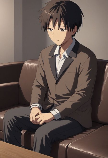 high resolution, solo, best quality, 1Boy, Takaki Toono, Brownish Hair, Brown Eyes, deep talk, depression, sit, couch, OverallDetail