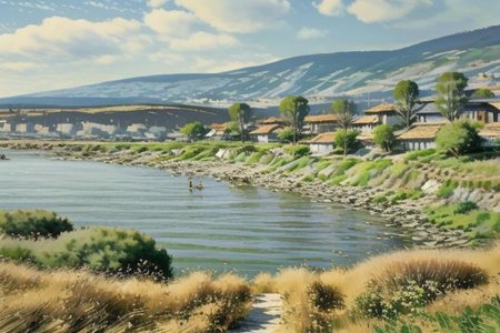 Beautiful village, down hill view, river to the bay, small boats, houses with orange roof, blue and orange sky