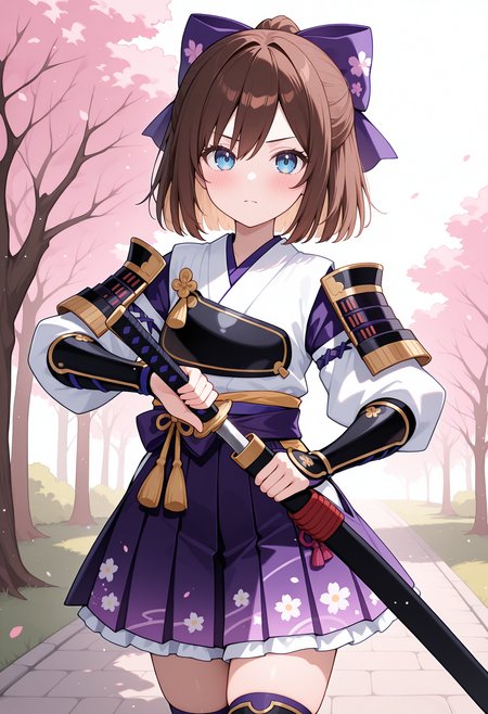highres, best quality, masterpiece, outdoors, cherry blossoms, light particles,
1girl, solo, nptrom, brown hair, short hair, blue eyes,
nrom4go, hair bow, purple bow, samurai, japanese armor, white kimono, kote, hair bow, purple skirt, floral print, thighhighs,
looking at viewer, blush, serious,
unsheathing, 
<lora:_rom_neptunia-elesico-ilxlB-000013:1>