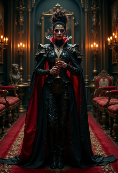 a gothic, vampire-themed scene. The central figure is a woman with pale skin and striking facial features, including dark, dramatic makeup and red lips. She is dressed in an elaborate, black leather outfit with a high collar and a long, flowing cape lined with red. Her hair is styled in an intricate updo. She holds a goblet in one hand, adding to the vampiric theme. The background is an opulent, dimly lit room with ornate wooden furniture and walls adorned with portraits and candle sconces, creating a mysterious and luxurious atmosphere. The floor is covered with a red and black patterned carpet, enhancing the gothic aesthetic. The overall composition is rich in detail and color, emphasizing a dark, elegant style.