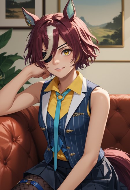 score_9, score_8_up, score_7_up, source_anime, solo, 1girl, tanino gimlet, horse tail, smile, looking at you, sitting, couch, hair over one eye, horse ears, ear ornament, eyepatch, blue vest, striped vest, yellow shirt, collared shirt, sleeveless shirt, blue necktie, black skirt, fishnet pantyhose, thigh strap, bare shoulders, indoors, living room
<segment:yolo-face_yolov8m.pt,0.4,0.5>