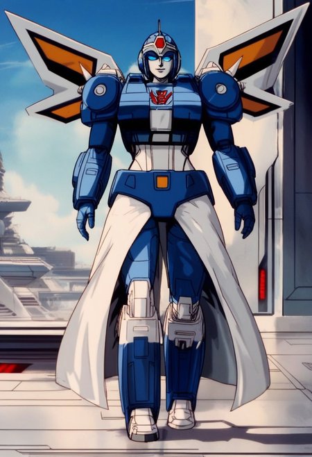score_9, score_8_up, score_7_up, animation, transformers, 1girl, robot, Decepticon, Tall, slim, Seeker, Starscream glowing eyes, blue eyes, large eyes, circular eyes, white armour (minor blue detail), forward long jet swept wings, transforms into futuristic Stealth Mig Fighter Jet, full body, cowboy shot, smiling, holding null ray blasters, Decepticon Symbol, long skirt armour (split in middle) head crown,
 <lora:StarScream1.2:1>