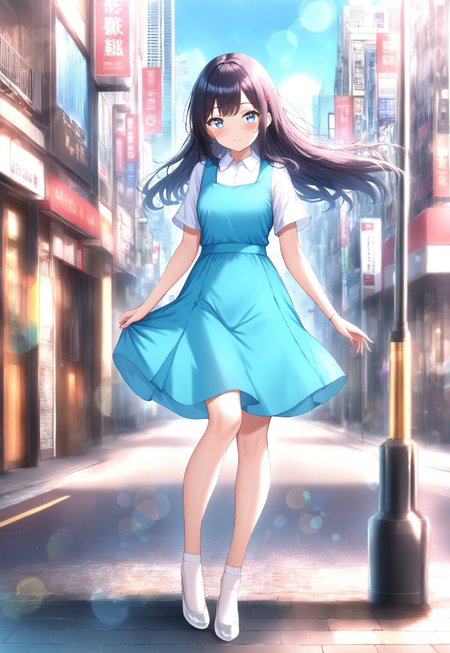 masterpiece, best quality,amazing quality,(1girl), solo,(depth of field),(solo focus),8K,HDR,(ultra high res),(highres),(full body),(lens flare),smile,blush,(black hair),(long hair),(blue eyes),(floating hair), sidelocks,(malaysian secondary school uniform),(pinafore dress),(aqua blue skirt),(blue pinafore),(collared shirt),(white shirt),(short sleeves),(white socks),(short socks),(white footwear),(ballet flat),(outdoor),(cityspace),(city),(street),(lampost),(standing),(looking at viewer)